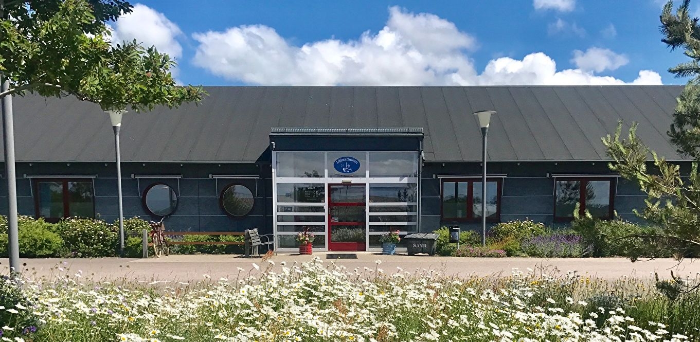 Entré till kliniken. Blå himmel och ett fält med blommor