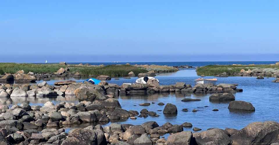Båtar ligger i en vik vid havet.
